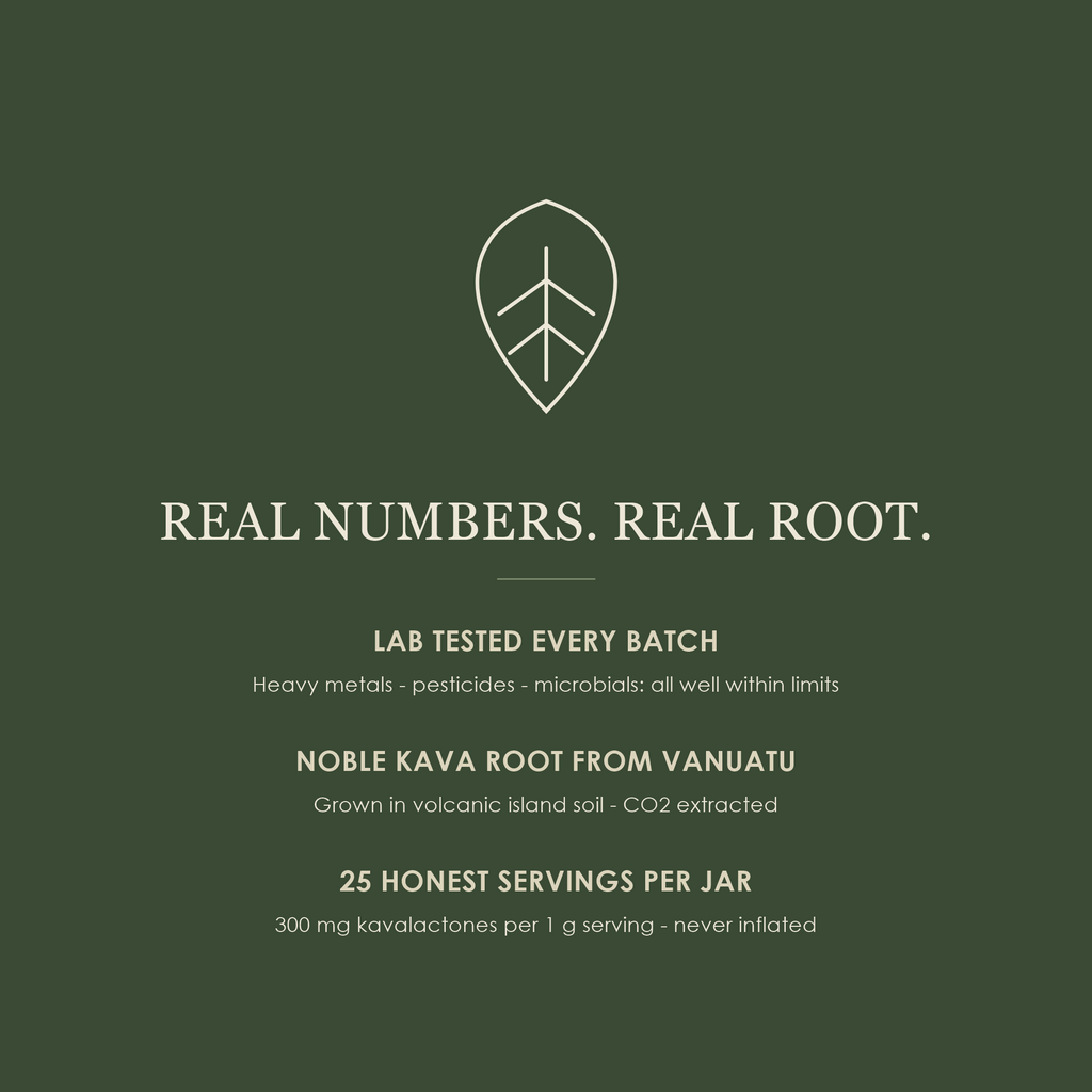 Real numbers, real root — lab tested every batch, noble kava root from Vanuatu, 25 honest servings per jar