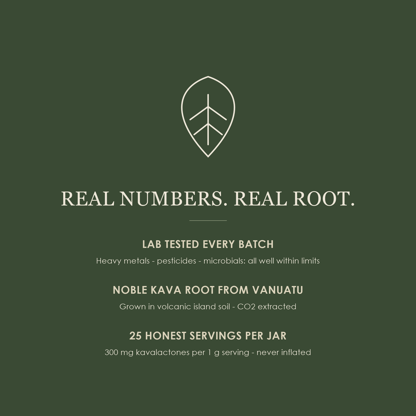 Real numbers, real root — lab tested every batch, noble kava root from Vanuatu, 25 honest servings per jar