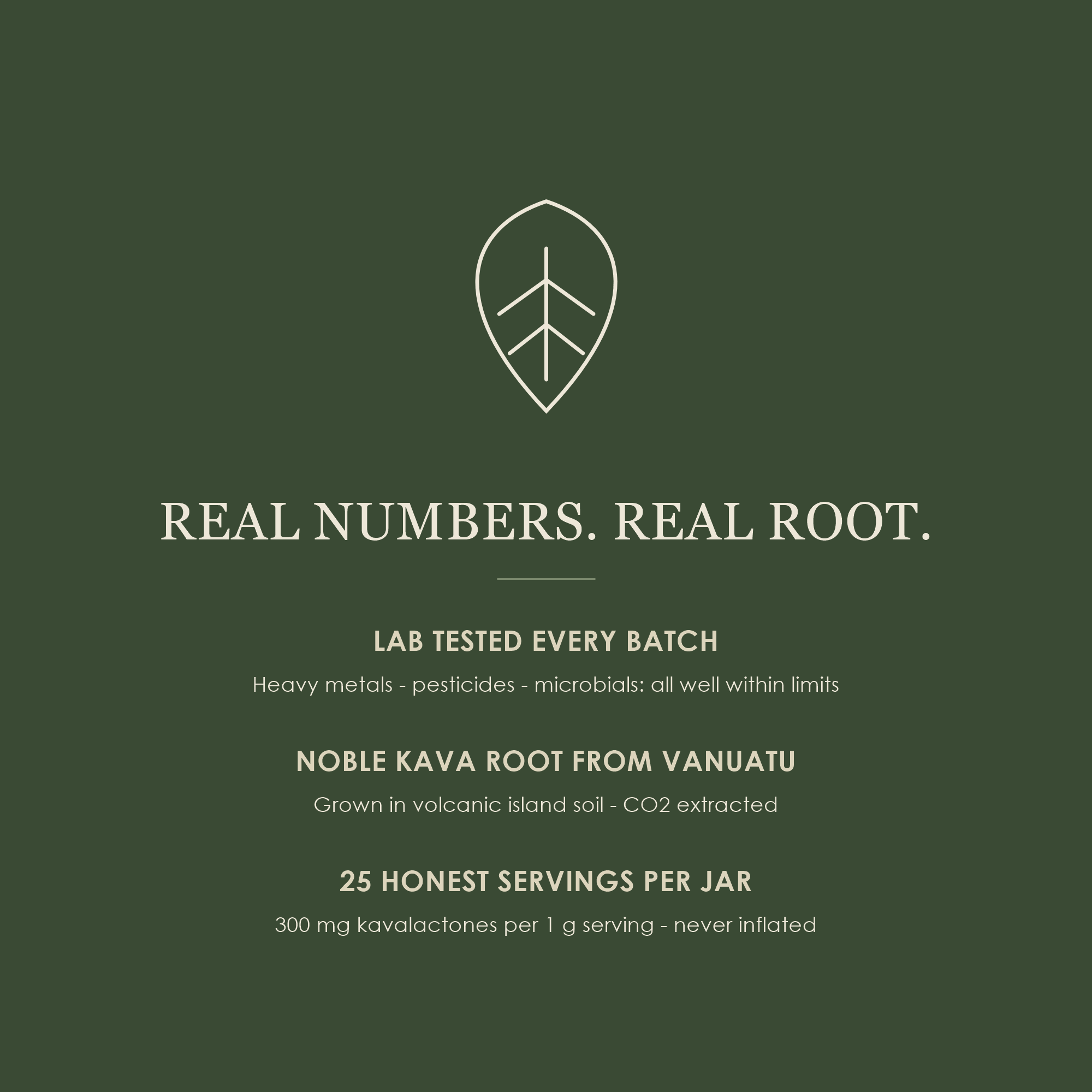 Real numbers, real root — lab tested every batch, noble kava root from Vanuatu, 25 honest servings per jar